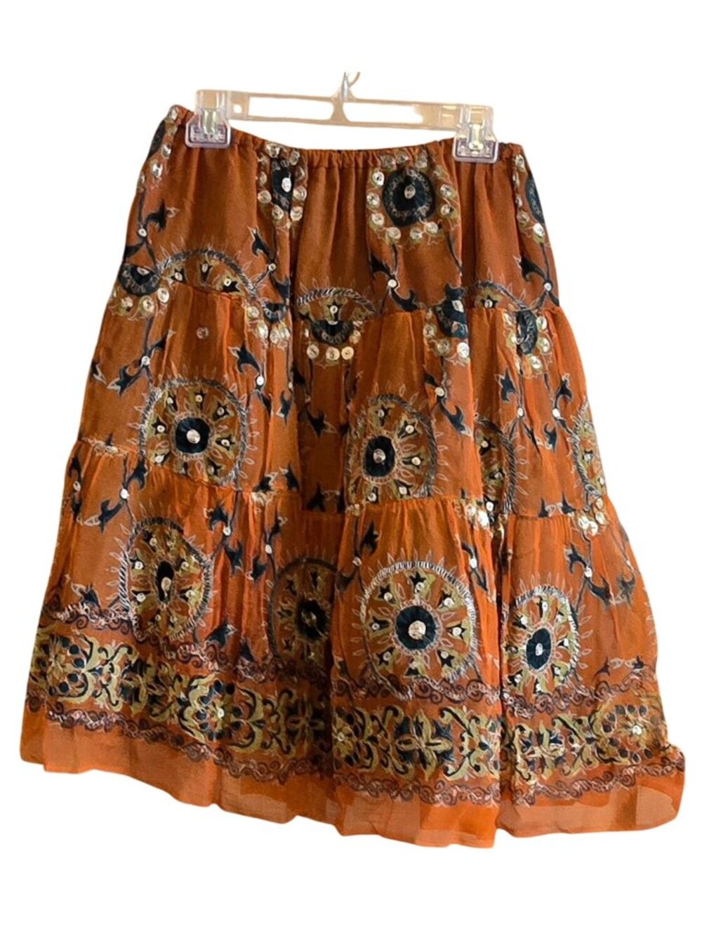 Embroidered Vintage Skirt Sequin Accents Elastic Waist Made In USA art to wear